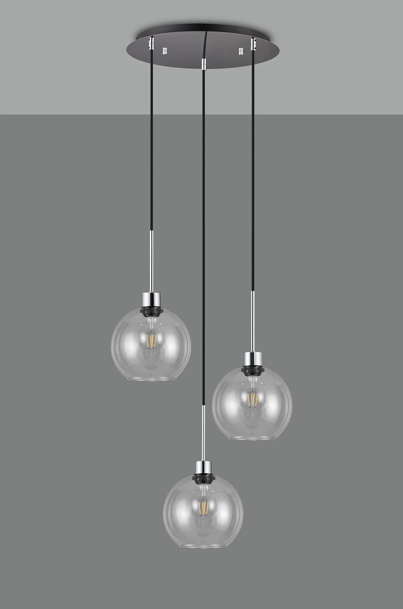 Lori 40cm Round Pendant, 3 Light Adjustable E27, Polished Chrome/Clear Open Mouth Round Globe Shades DK1272  Deco Lori Polished Chrome